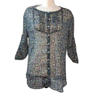 Tramp Sheer Floral Boho Blouse Sz Large Womens Navy Blue Purple Half Button